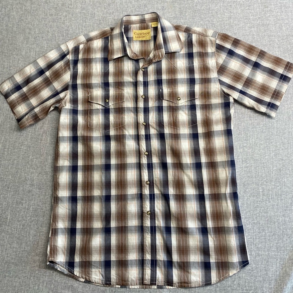 Cowboy Legend Plaid Shirt Brown and Black-Short Sleeve-Pearl Snaps-Size XL